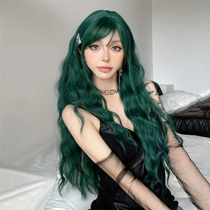 Light Green Long Wavy Synthetic Wig with Bangs – Blackish Green Cosplay & Lolita Style, Heat-Resistant for Women