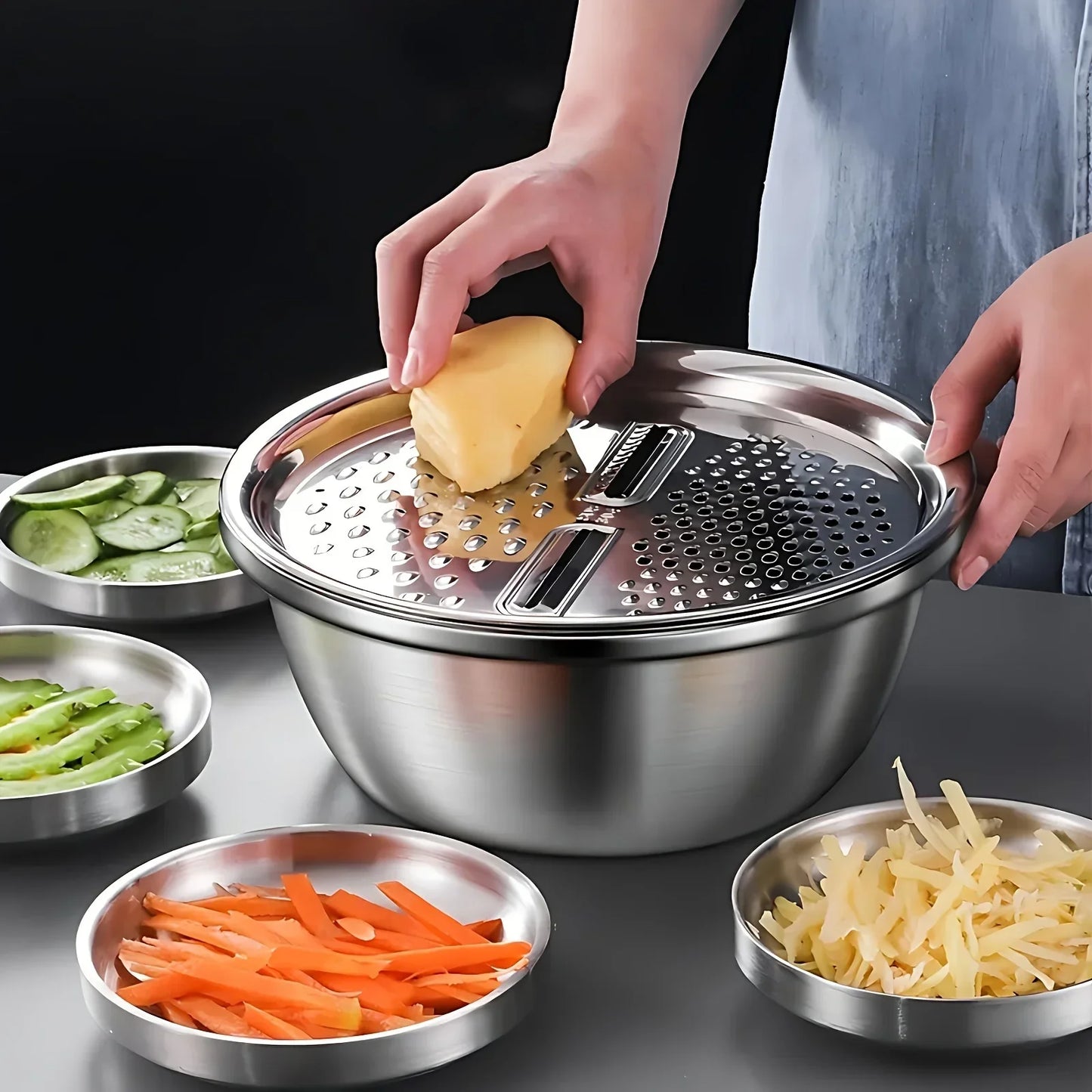 3-Piece Stainless Steel Mixing Bowl & Strainer Set – Multifunctional for Washing, Slicing & Prepping Fruits & Vegetables