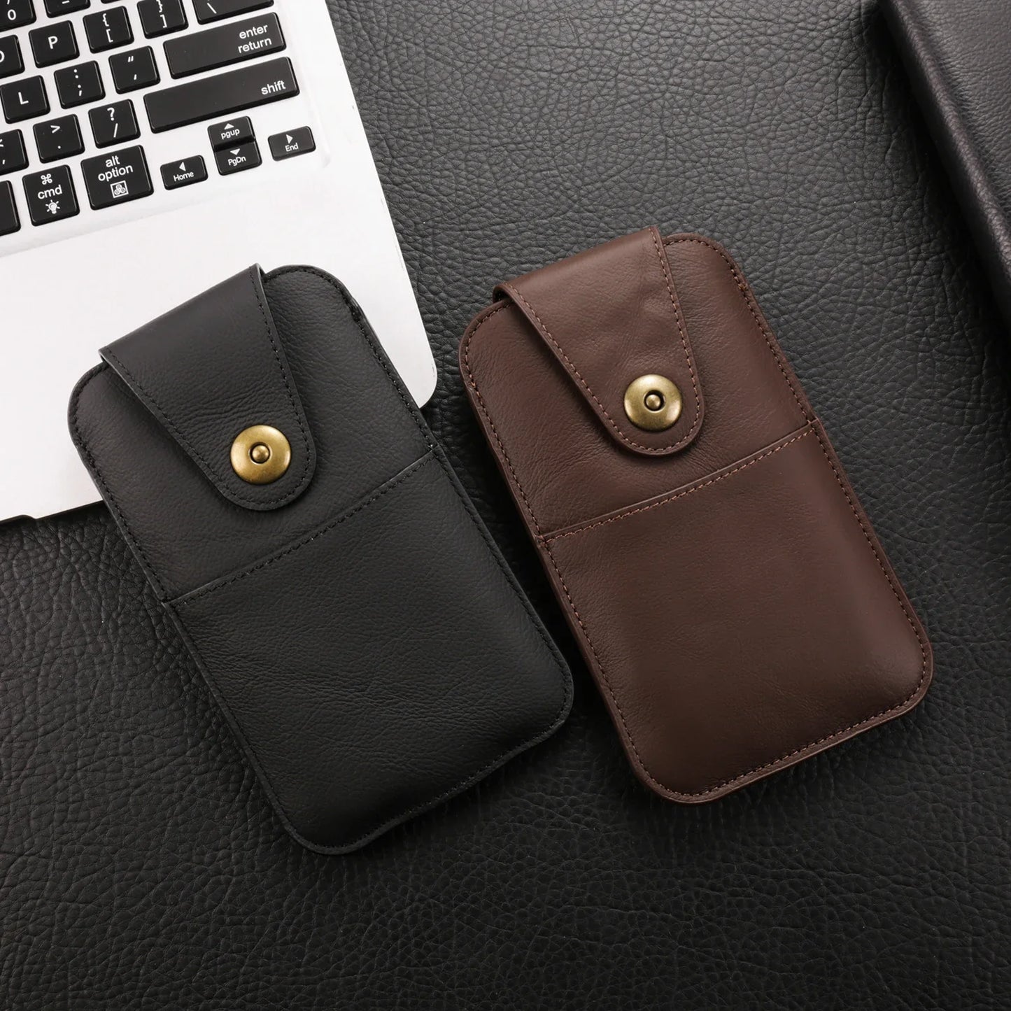 Genuine Cow Leather Phone Pouch – Men’s Waist Bag Holster for iPhone 7 to 16 Pro Max