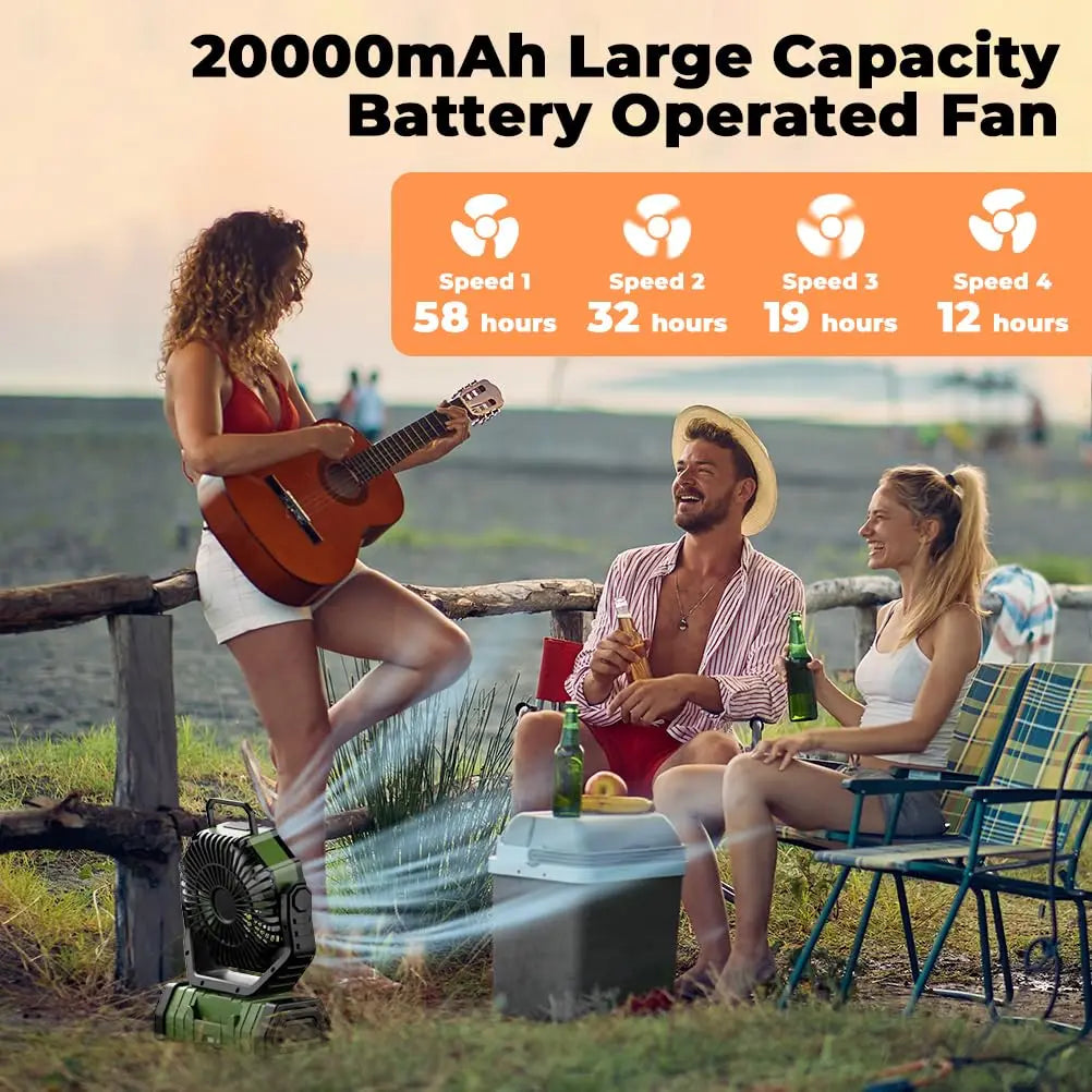 20000mAh Portable Camping Fan — Rechargeable Battery-Powered Outdoor Tent Fan with LED Light, Hanging Hook & 4-Speed Wind