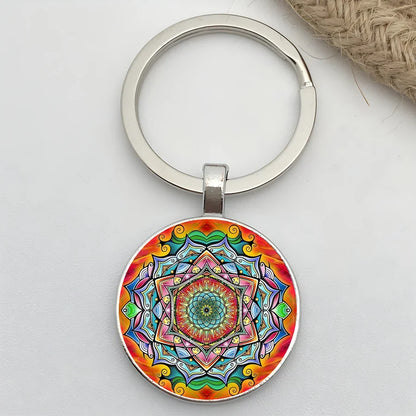 Retro Mandala Flower Yoga Keychain – Buddhist Chakra Glass Car Keyring for Men & Women Spiritual Jewelry Gift Accessory