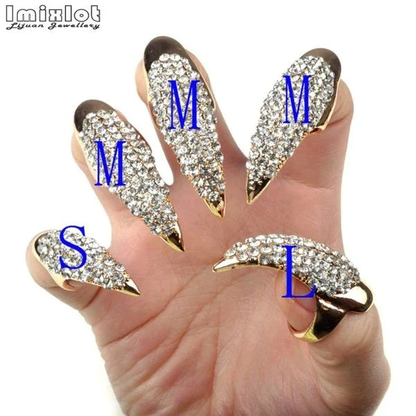 5PCS Crystal Nail Rings | Punk False Nail Jewelry with Rhinestones Claw/Talon Design, Unisex Wholesale Finger Rings