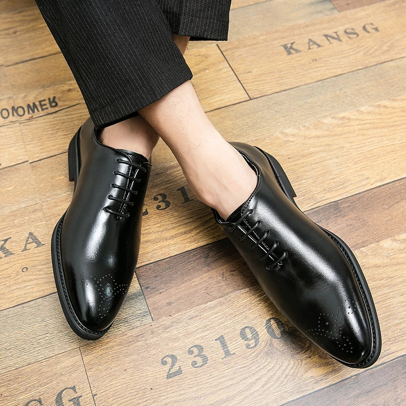 Men’s Black Red-Sole Brogue Shoes - Lace-Up Round Toe Business & Formal Dress Shoes