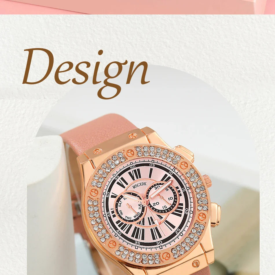 3PCS Women’s Casual Leather Watch Set – Quartz Wristwatch, Heart Bow Wallet, Glasses & Sunglasses Clock Montre Femme