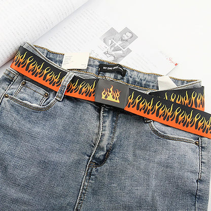 Hip Hop Fashion Canvas Belt – Personalized Flame Design, Casual & Punk Cowboy Belt for Men & Women
