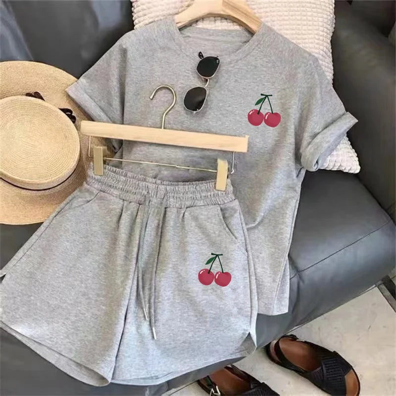 Women’s Two-Piece Sports Tracksuit – C Letter Print Short Sleeve T-Shirt with Drawstring Shorts, Exercise & Casual Wear