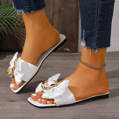 Women's Bow Flat Slippers - Comfortable Square-Toe Anti-Slip Summer Slides