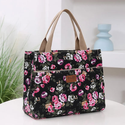 Women’s Floral Print Canvas Tote Bag – Portable Lunch Bag Casual Handbag Bento Mommy Bag for Picnic & Travel