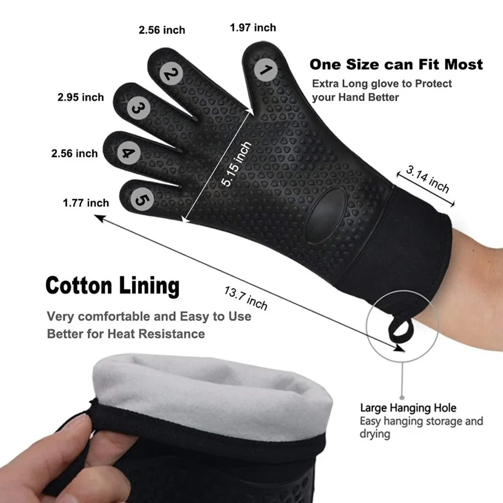Heat-Resistant Silicone Gloves – Non-Slip Oven Mitts for Kitchen, BBQ, Baking & Cooking with Canvas Stitching