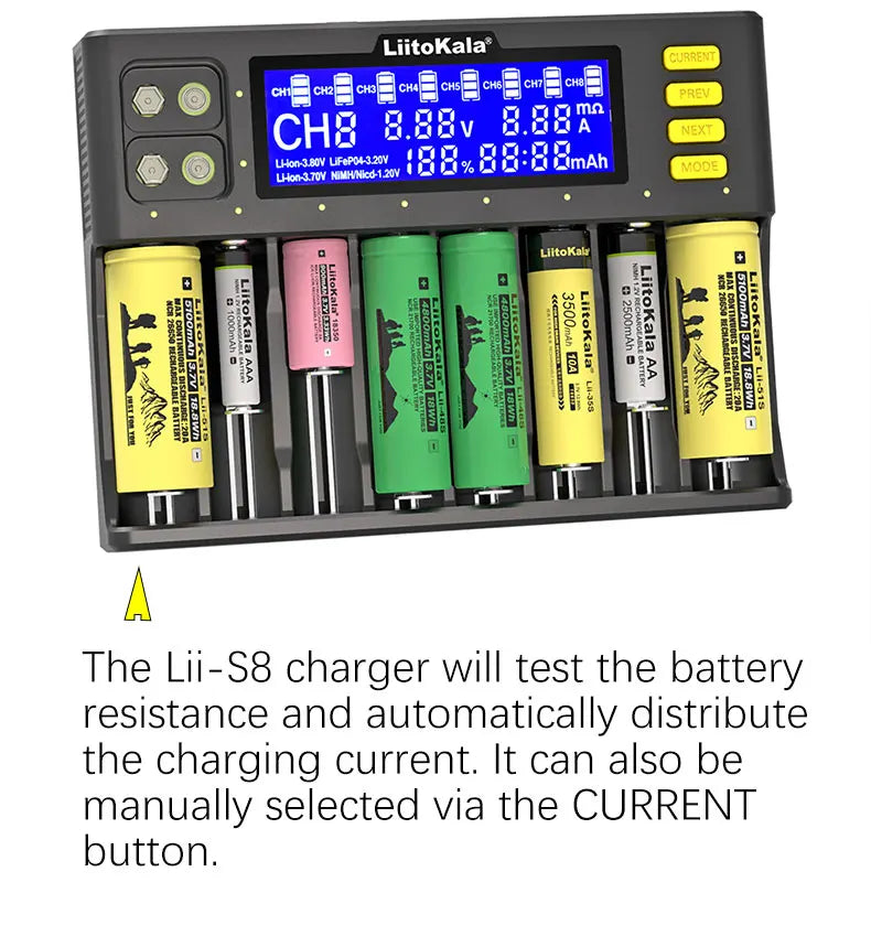 LiitoKala Lii-S8 Lii-S12 CH4 Multi-Function Battery Charger – 18650, 26650, 21700, 26700, AA, AAA Li-ion, NiMH, LiFePO4 Compatible