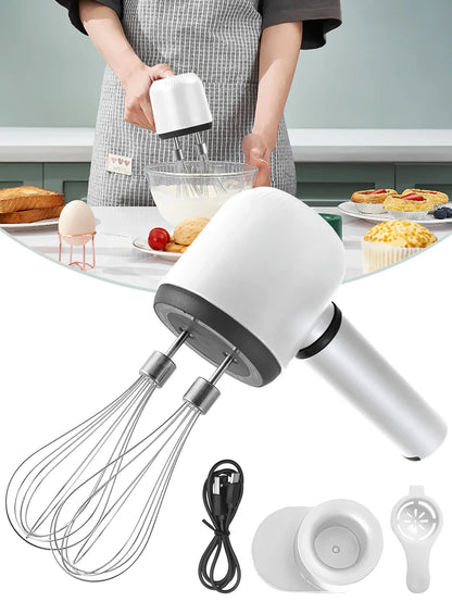 USB Rechargeable Electric Hand Blender — Wireless Portable 3-Speed Hand Whisk with 2 Attachments for Baking, Milk & Cream