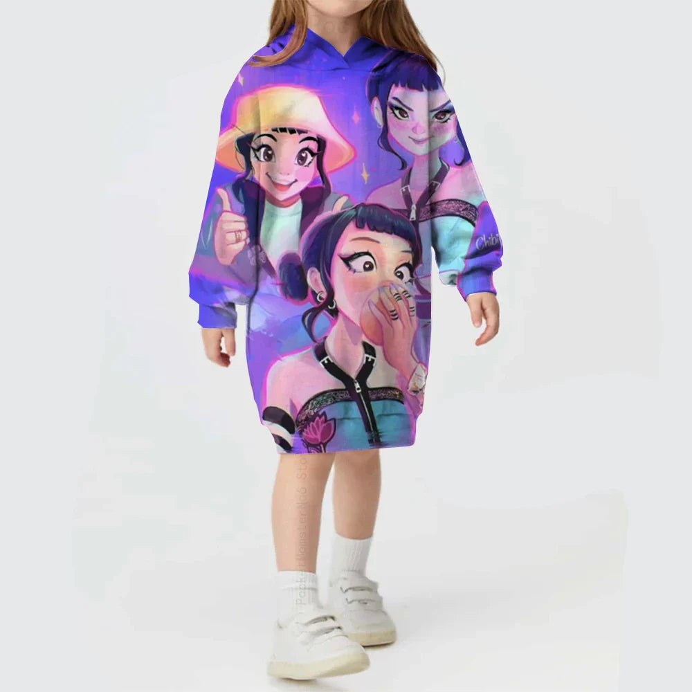 KPop Demon Hunters Hoodie Dress — Rumi Cute Cartoon Sweatshirt Pullover for Girls, Long Sleeve Autumn Y2K Sportswear