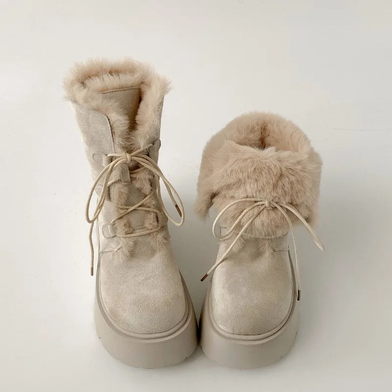 Women’s Winter Chunky Sole Fur Snow Boots – Cozy Height-Boosting Cotton Short Booties