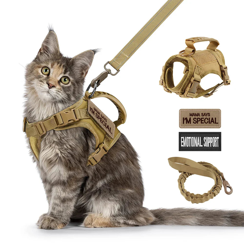 Tactical Cat & Small Dog Harness — Adjustable Puppy Vest with Leash, Handle, and 2 Patches for Training & Outdoor Use