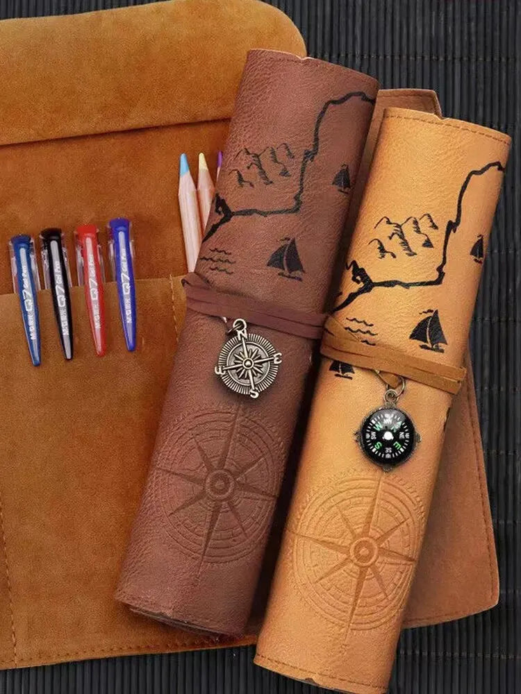 Creative Retro Leather Pencil Case – Large Capacity Roll-Up Bag with Embossed Treasure Map & Buckle Closure