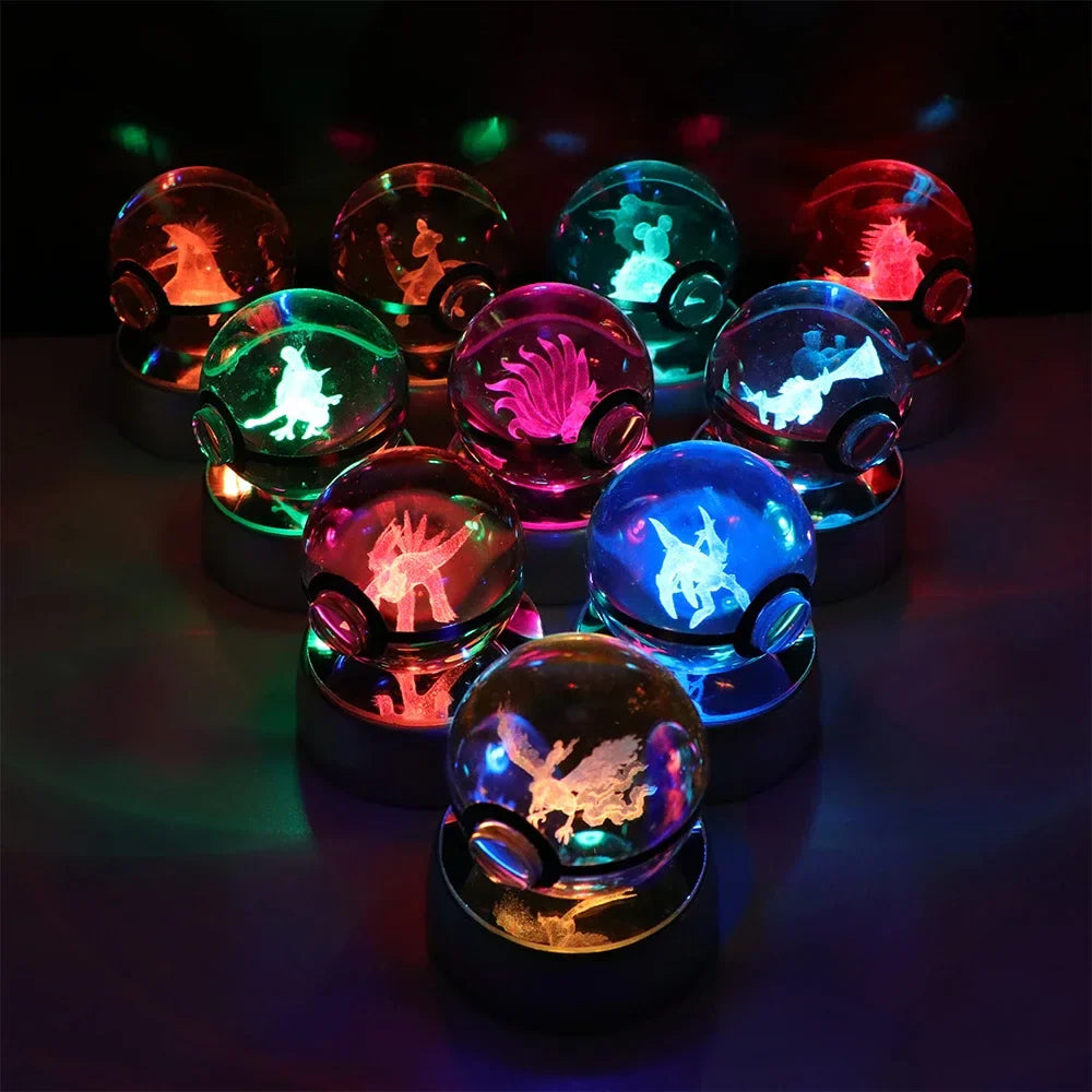 Pokémon 3D Crystal Ball LED Night Light – Pikachu Gengar Eevee Mewtwo Pokéball Base Lamp Kids Birthday & Home Decor Gift
