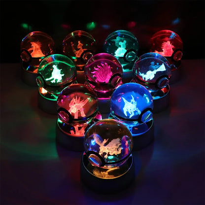 Pokémon 3D Crystal Ball LED Night Light – Pikachu Gengar Eevee Mewtwo Pokéball Base Lamp Kids Birthday & Home Decor Gift