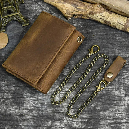 Men's Genuine Leather Short Wallet with Chain – Zipper Clutch, Trifold Purse, Card Holder & Coin Purse for Men