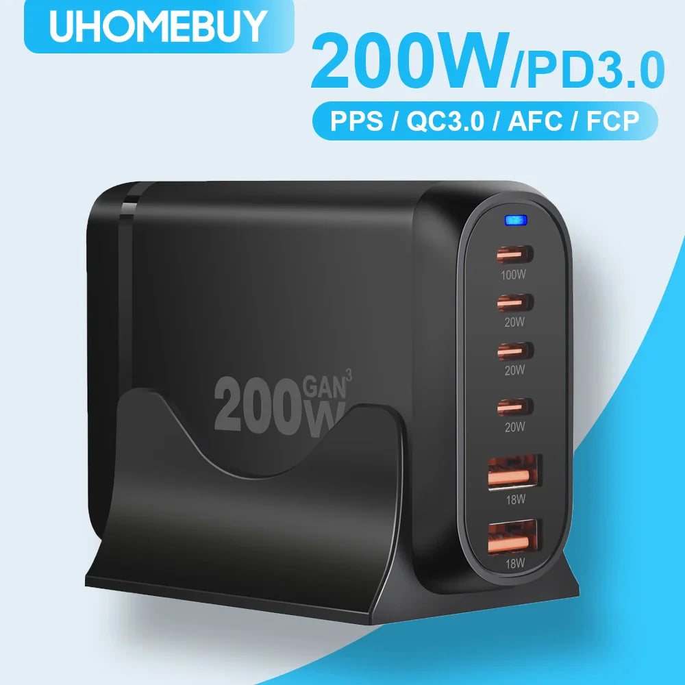 UHOMEBUY 200W GaN Desktop Charger - 6-Port USB Type C with 100W PD & Quick Charge 3.0 Fast Mobile Charger