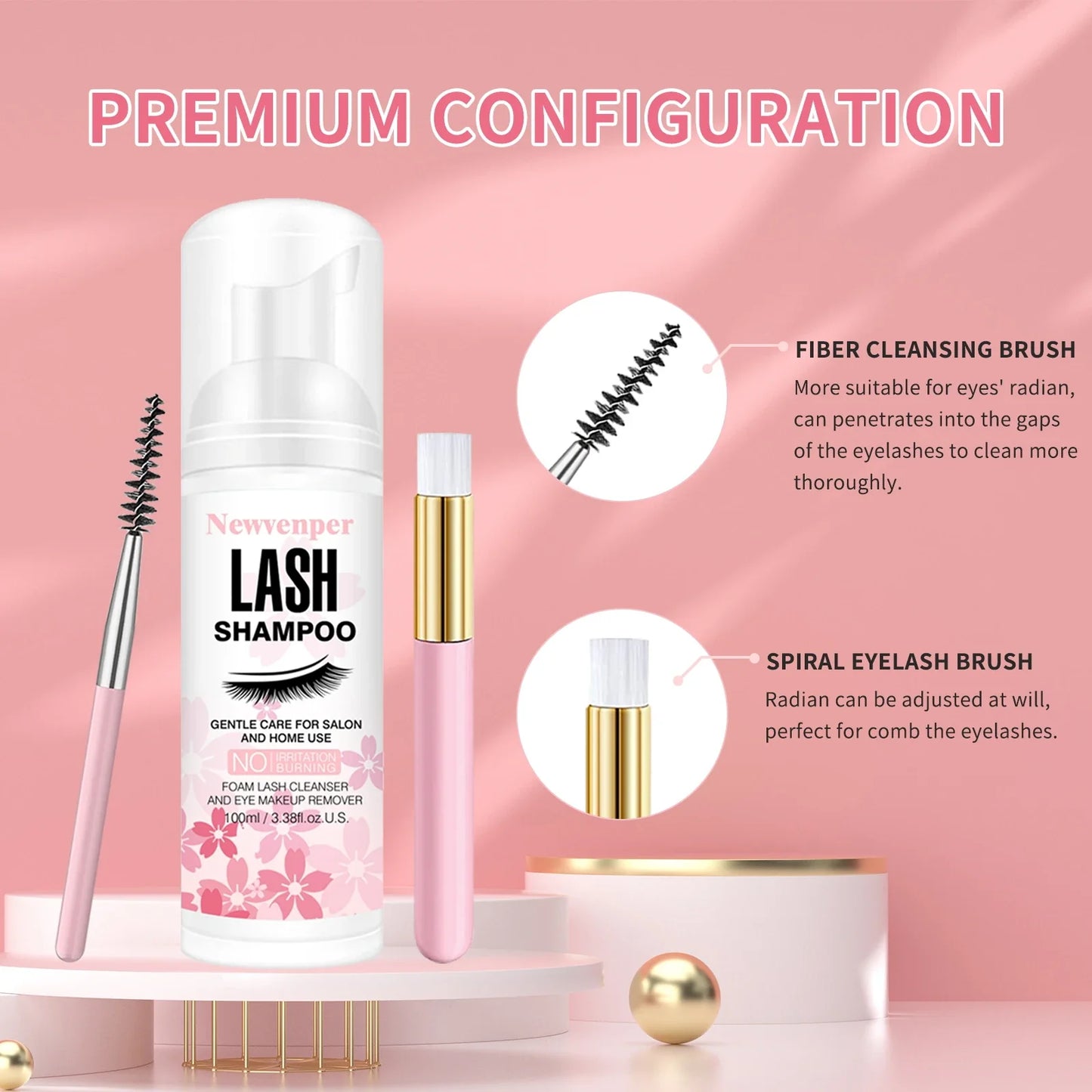 100ML Eyelash Lash Shampoo with Brush & Mascara Wand – Foaming Eyelid Cleanser for Extensions & Makeup Removal