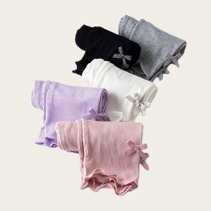 Girls Summer Bow Leggings - Solid Color Elastic Waist 7/8 Length Breathable Kids Pants 3-10Y