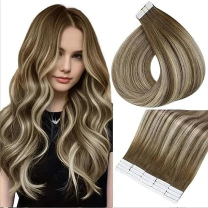 Full Shine Tape In Human Hair Extensions - 100% Remy Straight Hair Double Sided Silky Natural Tapes for Women