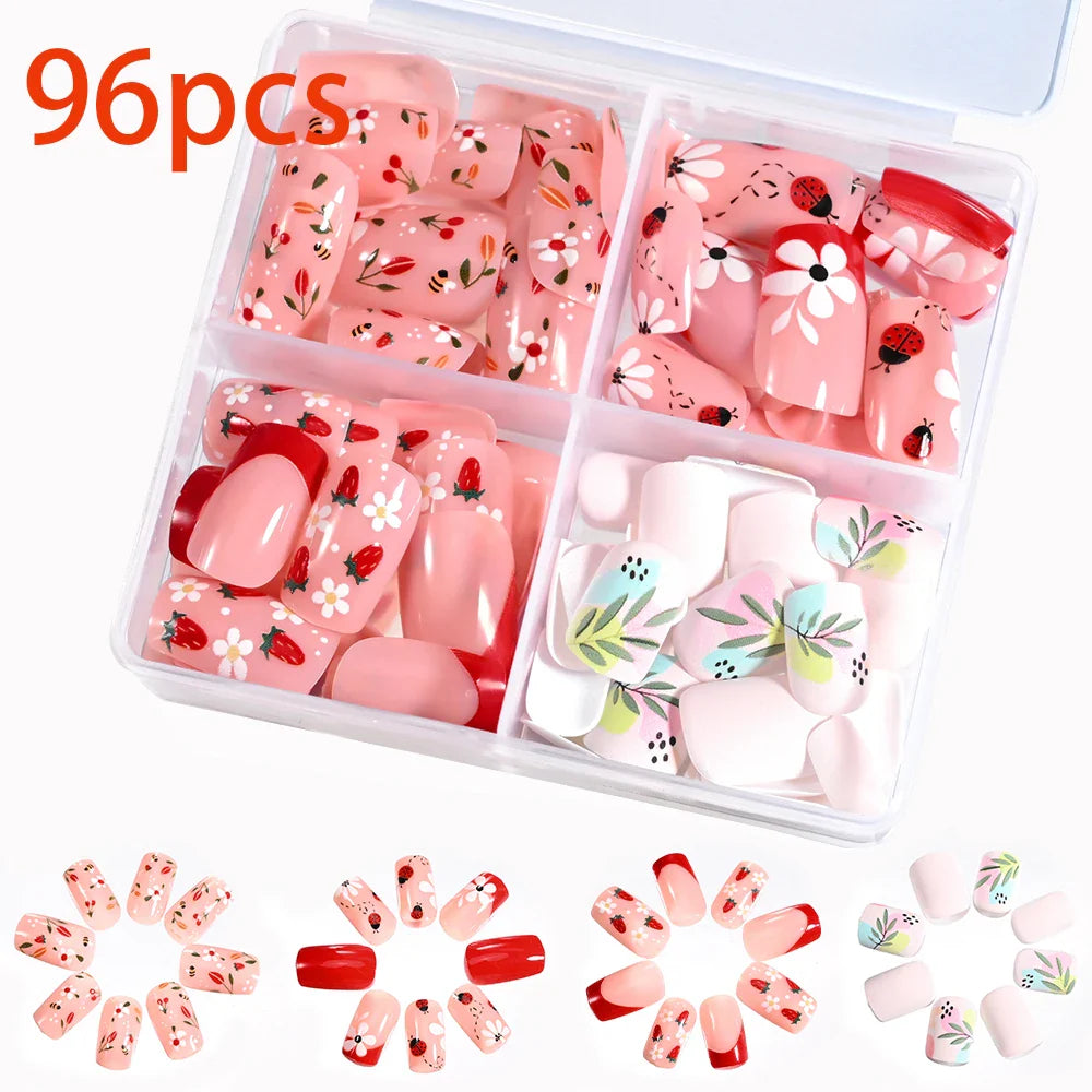 576PCS Colorful Press-On Fake Nails Set – Black & Red Oval/Square Short Full Cover Nail Tips for Salon-Style Nail Art