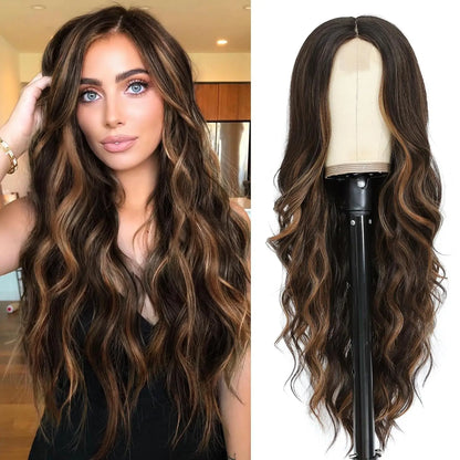 26-Inch Synthetic Ombre Blonde Wavy Wig for Women — Long Middle Part Curly Heat-Resistant Hair Fiber