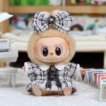 Labubu Doll Clothes Outfit — Black & White Plaid Dress Set | Mini Doll Clothing Accessories | DIY Girl Gift