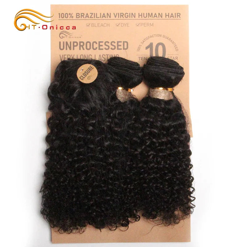Kinky Curly Human Hair Bundles with Closure – Short Indian Hair Bundles with Circular Closure