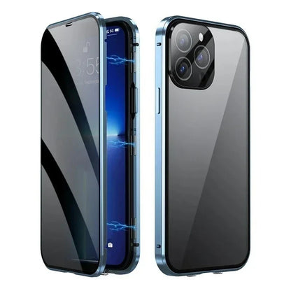360° Full Protection Metal Magnetic Double-Sided Glass Case for iPhone 17 16 15 14 13 12 Pro Max Plus 17E 16E - Snap Lock Privacy Protective Cover