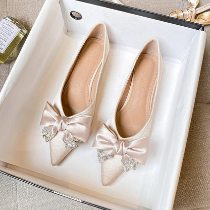 Women’s Luxury Rhinestone Bow Flats – Pointed Toe Champagne Silk Ballet Shoes, Big Size 41-43, Elegant Wedding Footwear