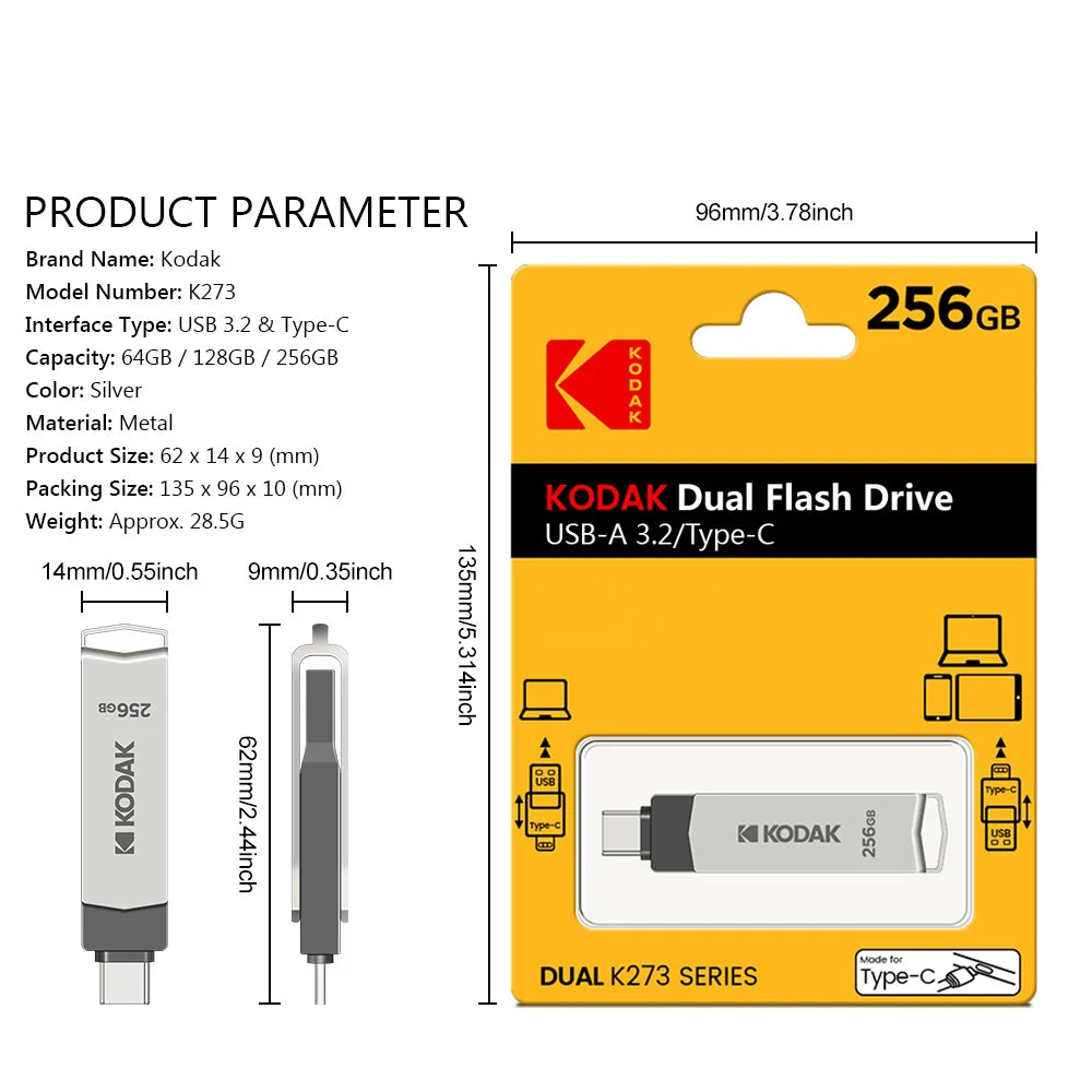 Kodak K273 High-Speed USB 3.2 Flash Drive – Type-C Dual-Use for Phone & Computer, 32GB to 256GB