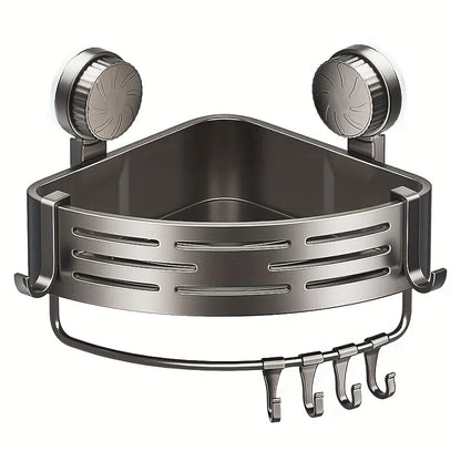 Space-Saving Suction Cup Bathroom Shelf — No-Drill Triangular Rack with Hooks for Shower & Toilet Storage