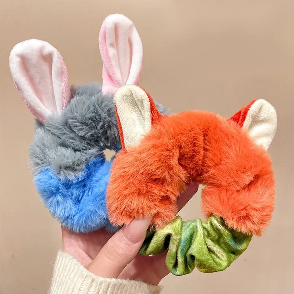 2Pcs Kawaii Fluffy Bunny Fox Scrunchies - Cartoon Animal Ear Hair Ties for Girls and Women