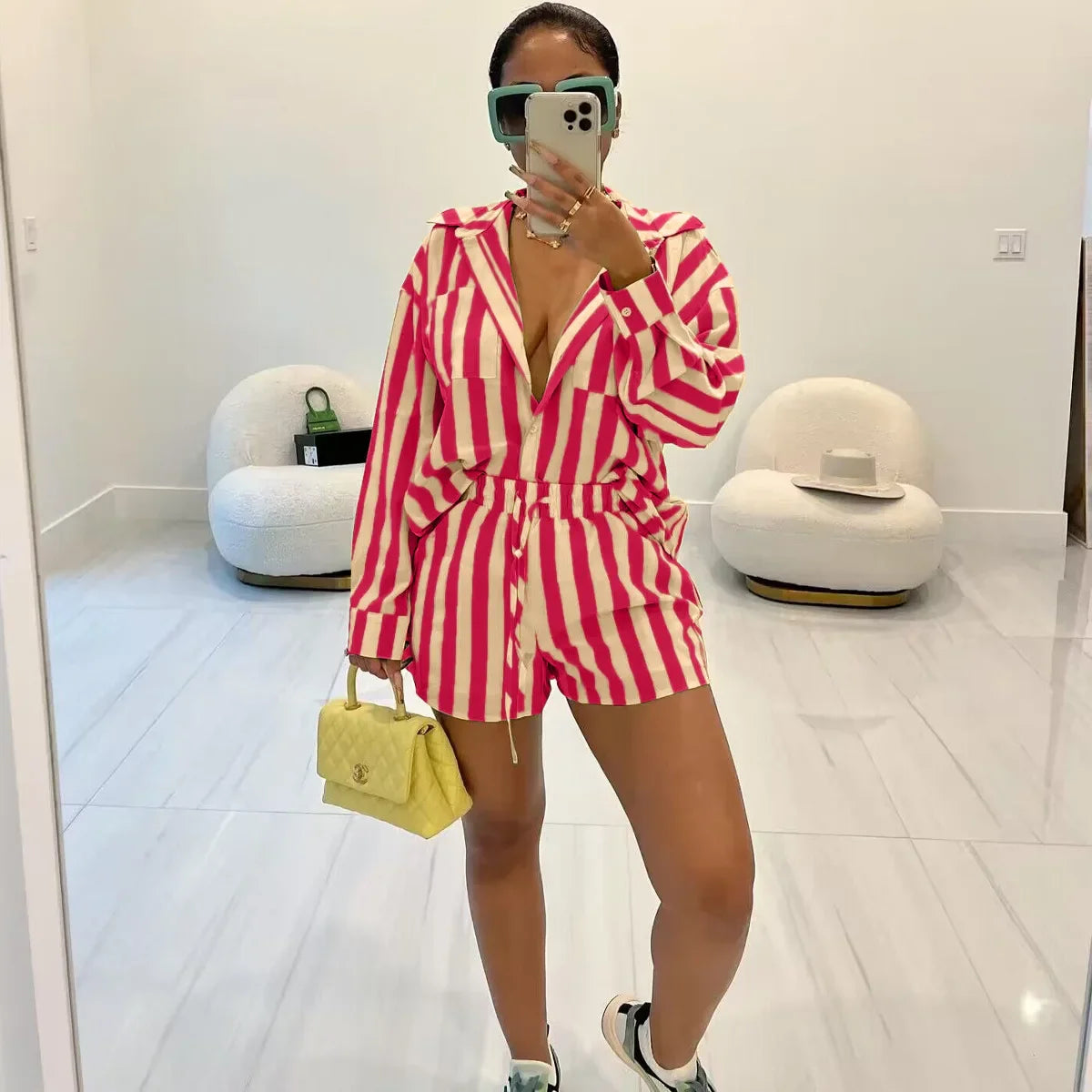 2025 Women’s Casual Striped Shorts & Long Sleeve Shirt Set – Spring Summer Office & Vacation Outfit