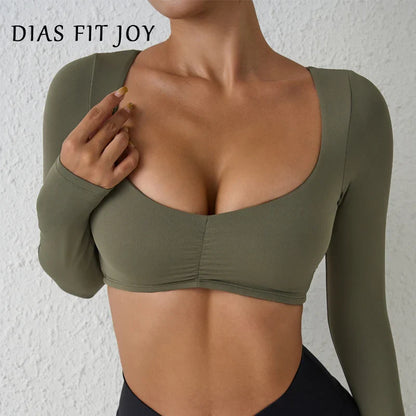 DIAS FIT JOY Women’s Nylon Gym Top – Long-Sleeve Pleated Yoga & Sports T-Shirt, Waist-Fitting Activewear