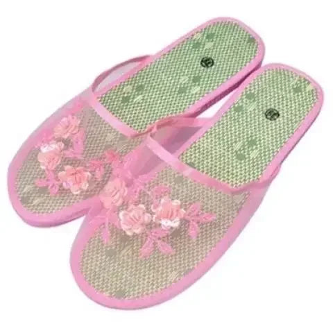 Women’s Sequin Mesh Indoor Slippers – Summer Hollow Flat Beach Flip Flops with Creative Flower Design
