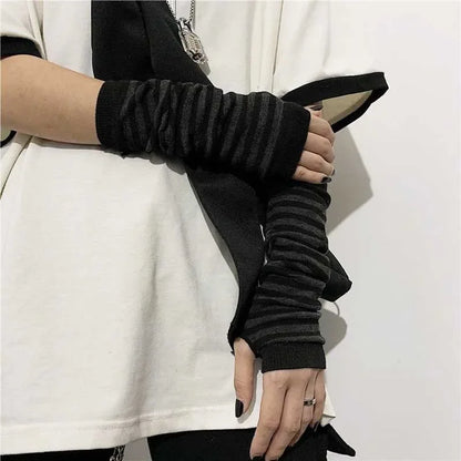 Warm Knitted Long Fingerless Gloves – Striped Elbow Mittens for Women, Fashion Christmas Gift