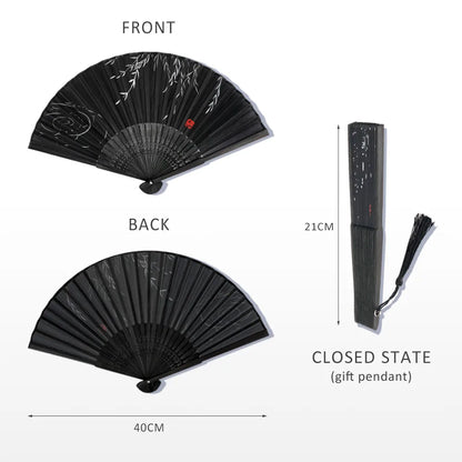 Bamboo Folding Fan with Silk — Chinese & Japanese Style Handheld Fan, Antique Art Craft for Summer Dance, Home Decor & Party