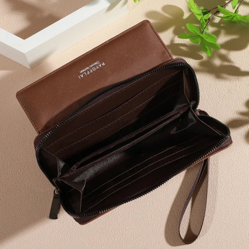 Classic Men’s Faux Leather Wallet – Bifold with Snap Closure, Zipper Card Holder & Photo Slot, Color Block Design