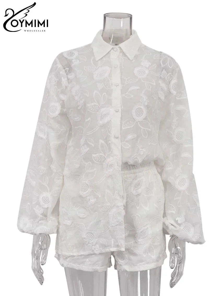 Oymimi Women’s Summer 2-Piece Cotton Set – White Jacquard Button Shirt & High Waist Shorts Casual Outfit for Women