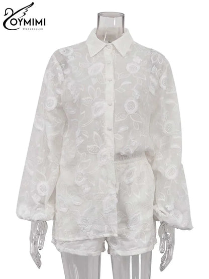 Oymimi Women’s Summer 2-Piece Cotton Set – White Jacquard Button Shirt & High Waist Shorts Casual Outfit for Women