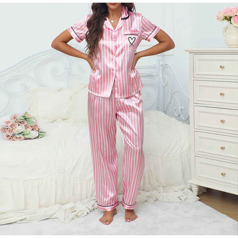 Women’s Satin Striped Pajama Set – Victorian Style Top & Pants Autumn Sleepwear Loungewear