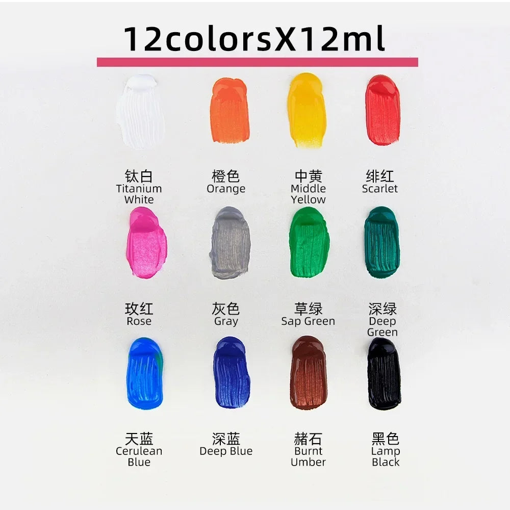 12-Color Acrylic Paint Set - 9ml Waterproof Art Supplies for Beginners, Canvas Painting, DIY Crafts & Creative Projects