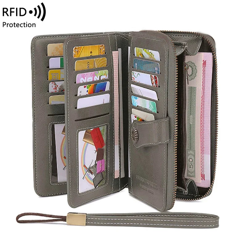 RFID Anti-Theft Retro Large Capacity Women's Wallet – Multi-Card Zipper Wallet with Wrist Strap