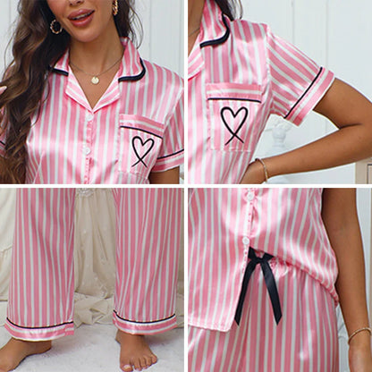 Women’s Satin Striped Pajama Set – Victorian Style Top & Pants Autumn Sleepwear Loungewear