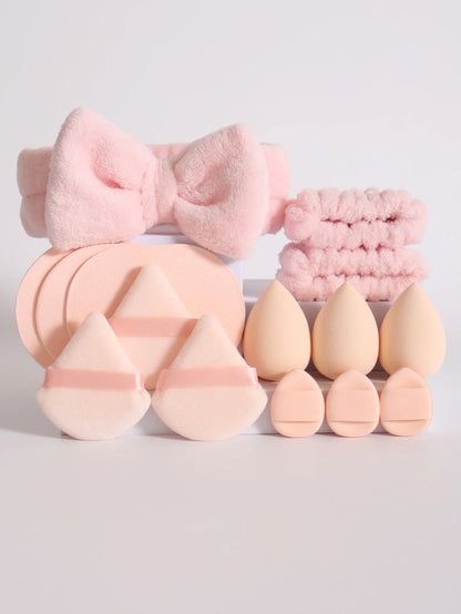 15Pcs Multi-Colored Fluffy Headband & Makeup Sponge Set - Sweet Style Beauty Essentials