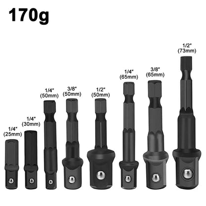 8pc Electric Screwdriver Adapter Set – 1/2'' Hex, 3/8'' Square, 1/4'' Extension Rod Tool Accessories