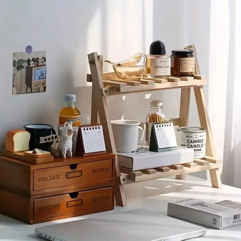 Wooden 2-Tier Storage Shelf | Trapezoidal Desktop Organizer and Display Rack | Office Stationery Storage Solution